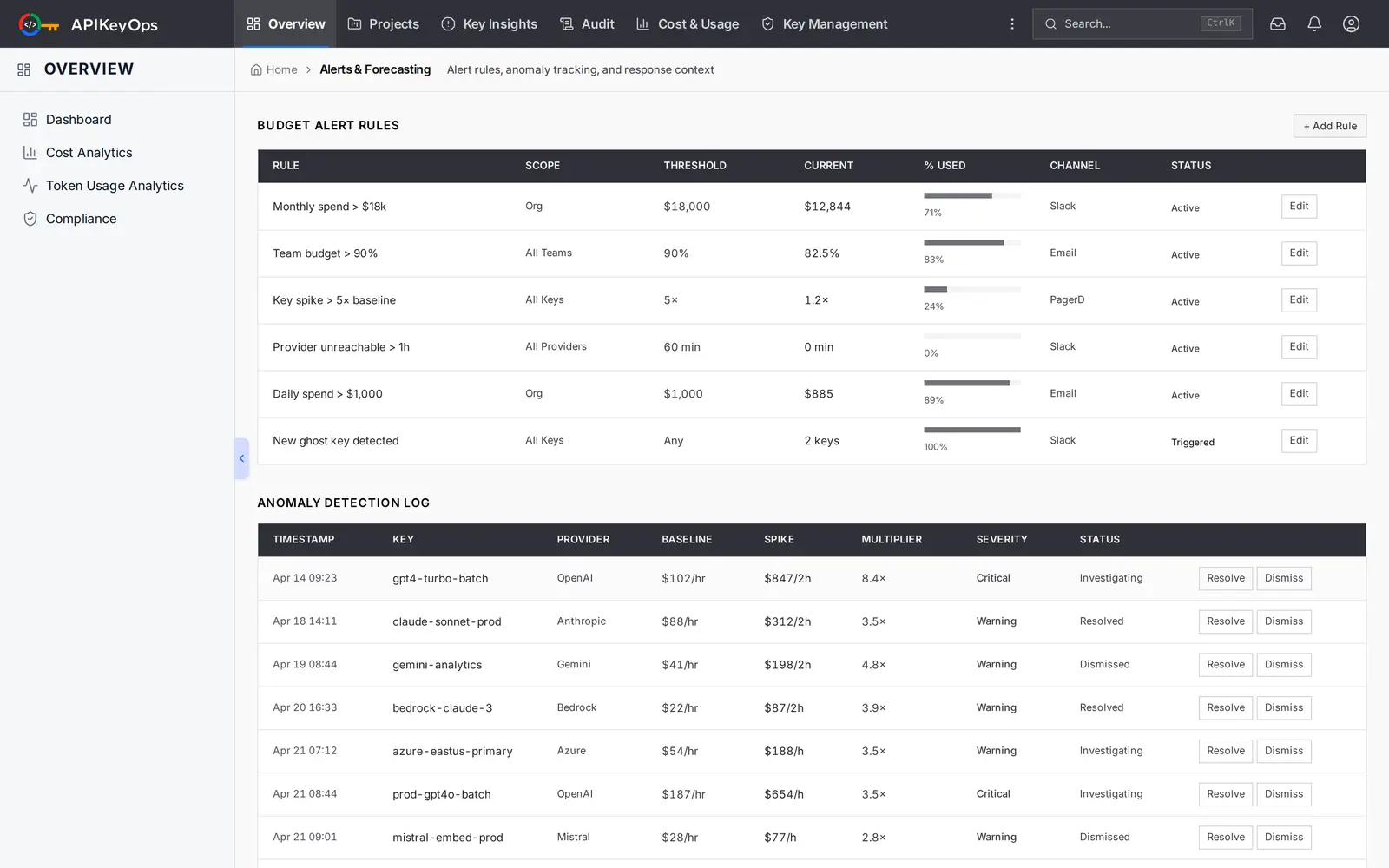 APIKeyOps Alerts & Forecasting screen
