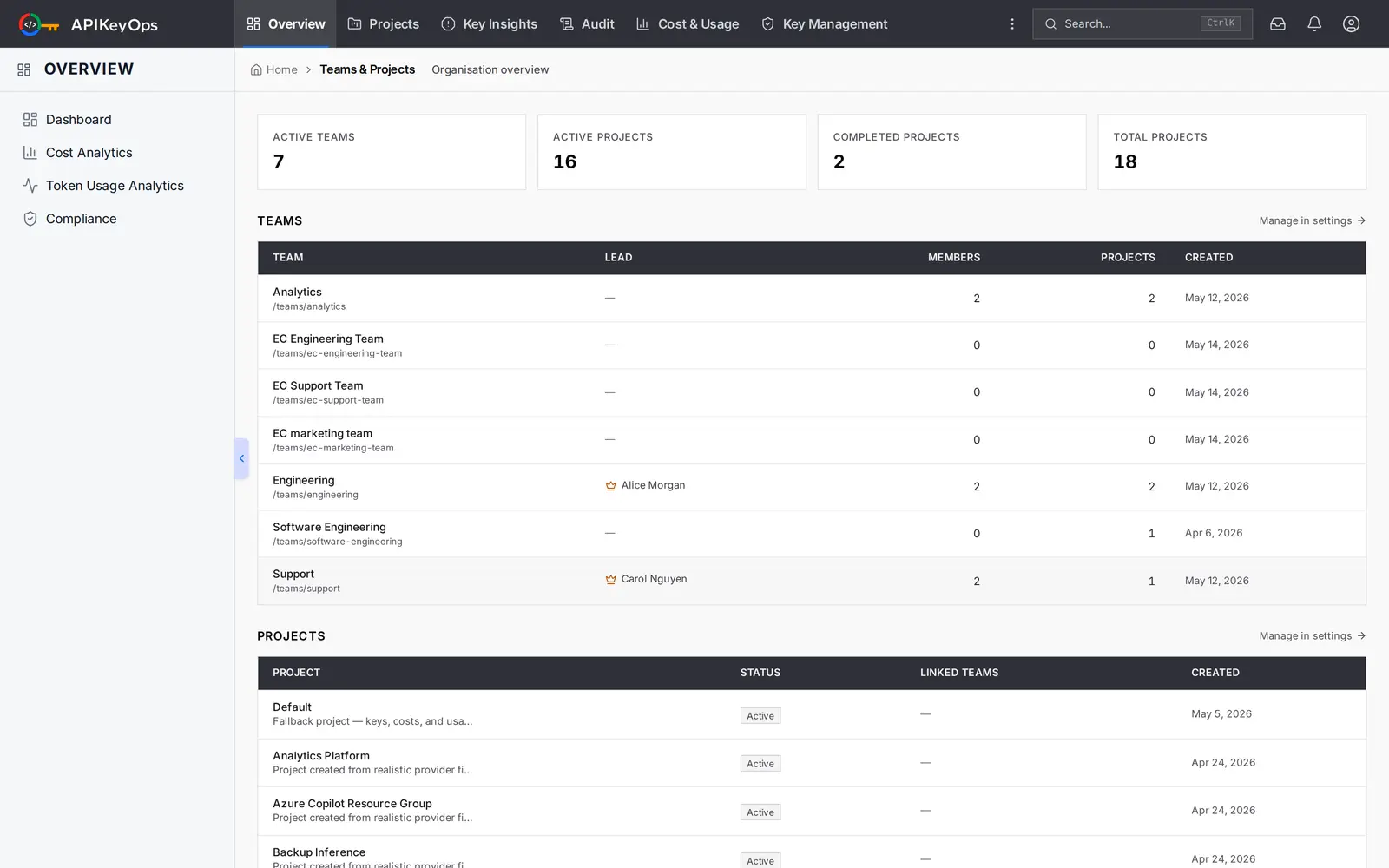 APIKeyOps Teams & Projects screen